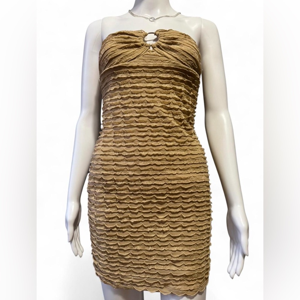 SHEIN Tan Ruffled Halter Mini Dress